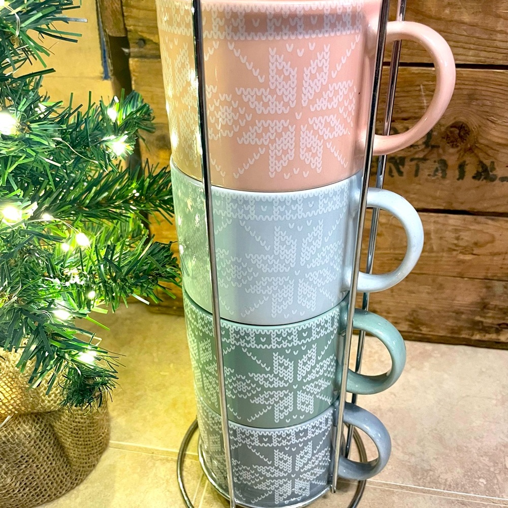 4 Snowflake Mugs Stackable In Stand - Picture 2 of 5